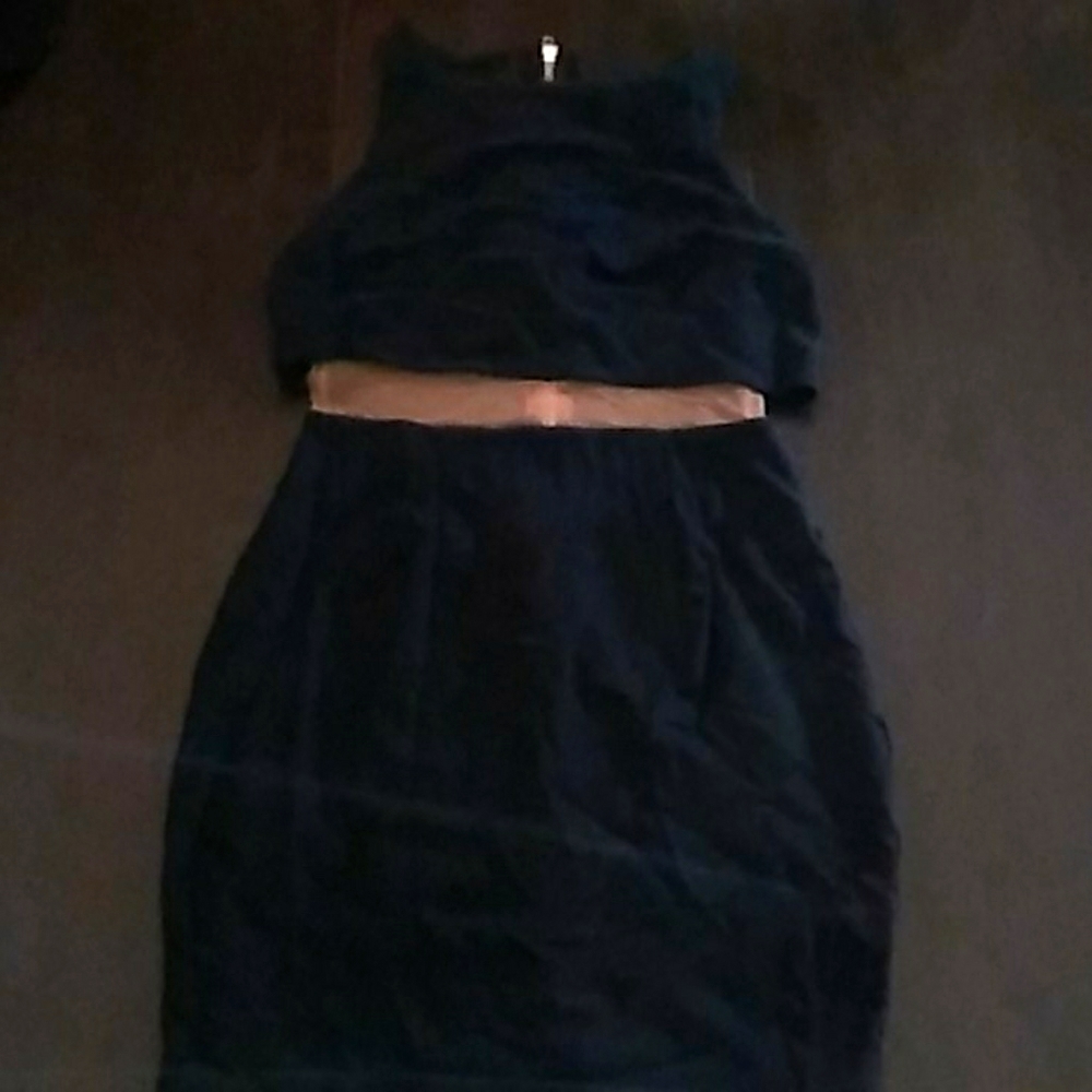 Navy blue dress with mesh skin colored middle.